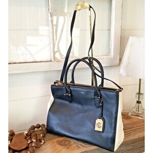 Ralph Lauren Newbury Large Black White Leather Double Zip Tote Bag Shoulder $385